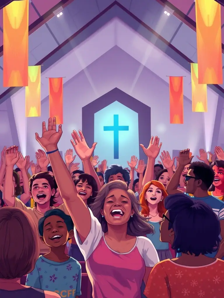 A photograph of a vibrant Sunday worship service at Zoe Covenant Life Ministries, showing people of all ages joyfully singing and raising their hands in praise.
