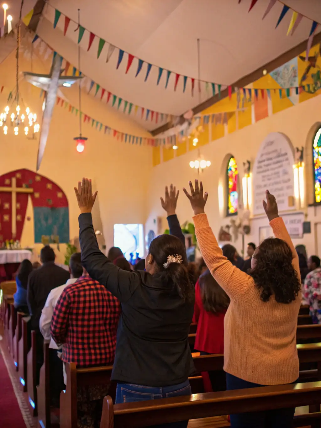 A vibrant congregation gathered in worship during a Sunday service at Zoe Covenant Life Ministries, singing and praising with hands raised.