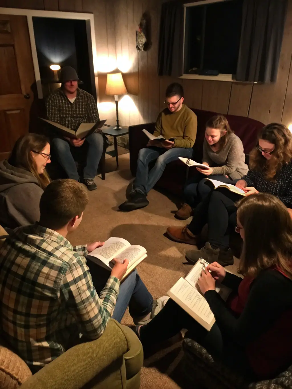 A group of church members engaged in a lively discussion during a Midweek Bible Study session, Bibles open and notebooks in hand.