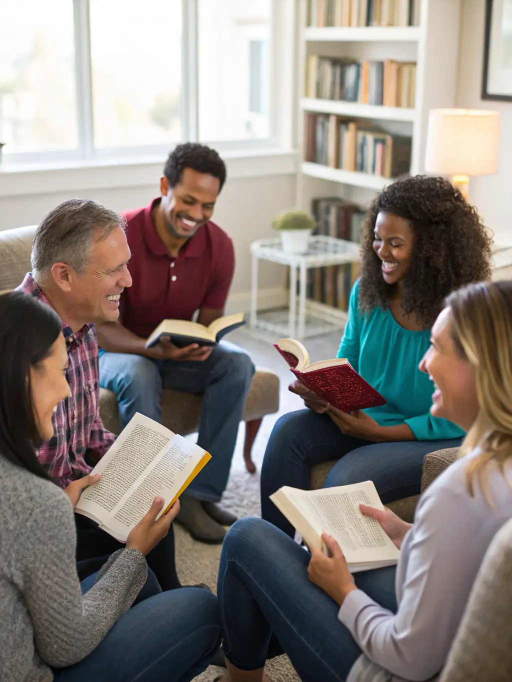 A photograph of a small group of people engaged in a lively discussion during a Midweek Bible Study session at Zoe Covenant Life Ministries.