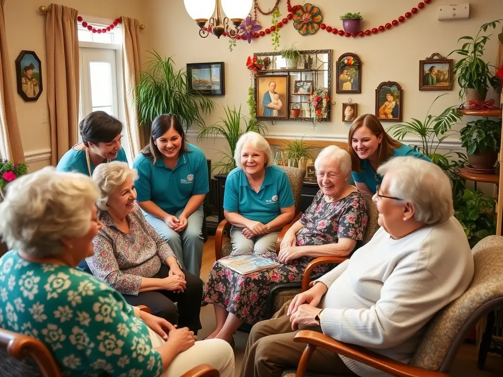 Volunteers visiting elderly people in a nursing home, symbolizing the seniors ministry.