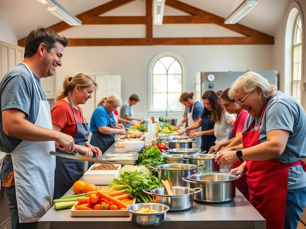 A group of volunteers preparing meals in a church kitchen, symbolizing the food ministry.
